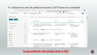 6- Limitamos los años de publicación desde el 2015 hasta en la actualidad
Se han publicado 140 artículos desde el 2015
 