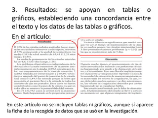 3. Resultados: se apoyan en tablas o
gráficos, estableciendo una concordancia entre
el texto y los datos de las tablas o gráficos.
En el artículo:
En este artículo no se incluyen tablas ni gráficos, aunque sí aparece
la ficha de la recogida de datos que se usó en la investigación.
 