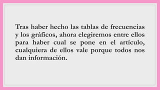 Tras haber hecho las tablas de frecuencias
y los gráficos, ahora elegiremos entre ellos
para haber cual se pone en el artículo,
cualquiera de ellos vale porque todos nos
dan información.
 