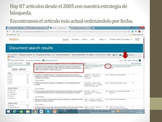 Hay87artículosdesdeel2005connuestraestrategiade
búsqueda.
Encontramoselartículomásactualordenándoloporfecha.
 