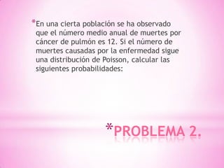 *PROBLEMA 2.
*En una cierta población se ha observado
que el número medio anual de muertes por
cáncer de pulmón es 12. Si el número de
muertes causadas por la enfermedad sigue
una distribución de Poisson, calcular las
siguientes probabilidades:
 