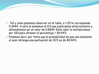  Tal y como podemos observar en la tabla, a 1.25 le corresponde
0.3944. A esto le sumamos el 0.5 que explicamos anteriormente y
obtendremos así un valor de 0.8944. Este valor lo multiplicamos
por 100 para obtener el porcentaje = 89.44%
 Podemos decir por tanto que la probabilidad de que una asistenta
al azar obtenga una puntuación de 10,5 es de 89,44%.
 