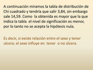 A continuación miramos la tabla de distribución de
Chi cuadrado y tendría que salir 3,84, sin embargo
sale 14,59. Como la obtenida es mayor que la que
indica la tabla el nivel de significación es menor,
por lo tanto no se acepta la hipótesis nula.
Es decir, si existe relación entre el sexo y tener
ulcera; el sexo influye en tener o no úlcera.
 