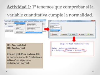 Actividad 1: 1º tenemos que comprobar si la
variable cuantitativa cumple la normalidad.
H0= Normalidad
H1= No Normal
Con un p≤ 0,05 se rechaza H0,
es decir, la variable “malestares
activos” no sigue una
distribución normal.
 