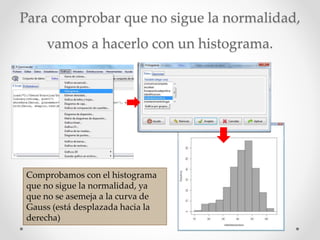 Para comprobar que no sigue la normalidad,
vamos a hacerlo con un histograma.
Comprobamos con el histograma
que no sigue la normalidad, ya
que no se asemeja a la curva de
Gauss (está desplazada hacia la
derecha)
 