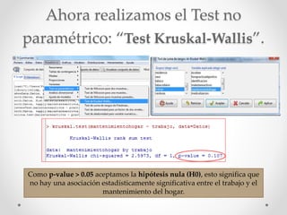 Ahora realizamos el Test no
paramétrico: “Test Kruskal-Wallis”.
Como p-value > 0.05 aceptamos la hipótesis nula (H0), esto...