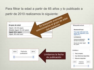 Para filtrar la edad a partir de 65 años y lo publicado a
partir de 2010 realizamos lo siguiente:
Limitamos la fecha
de publicación
 