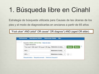 1. Búsqueda libre en Cinahl
Estrategia de búsqueda utilizada para Causas de las úlceras de los
pies y el modo de diagnosticarlas en ancianos a partir de 65 años
“Foot ulcer” AND (etiol* OR cause* OR diagnos*) AND (aged OR elder)
 