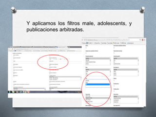 Y aplicamos los filtros male, adolescents, y
publicaciones arbitradas.
 