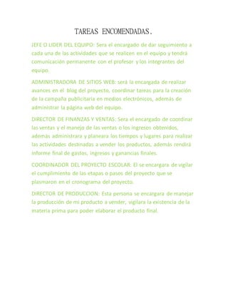 TAREAS ENCOMENDADAS.
JEFE O LIDER DEL EQUIPO: Sera el encargado de dar seguimiento a
cada una de las actividades que se realicen en el equipo y tendrá
comunicación permanente con el profesor y los integrantes del
equipo.
ADMINISTRADORA DE SITIOS WEB: será la encargada de realizar
avances en el blog del proyecto, coordinar tareas para la creación
de la campaña publicitaria en medios electrónicos, además de
administrar la página web del equipo.
DIRECTOR DE FINANZAS Y VENTAS: Sera el encargado de coordinar
las ventas y el manejo de las ventas o los ingresos obtenidos,
además administrara y planeara los tiempos y lugares para realizar
las actividades destinadas a vender los productos, además rendirá
informe final de gastos, ingresos y ganancias finales.
COORDINADOR DEL PROYECTO ESCOLAR: El se encargara de vigilar
el cumplimiento de las etapas o pasos del proyecto que se
plasmaron en el cronograma del proyecto.
DIRECTOR DE PRODUCCION: Esta persona se encargara de manejar
la producción de mi producto a vender, vigilara la existencia de la
materia prima para poder elaborar el producto final.
 