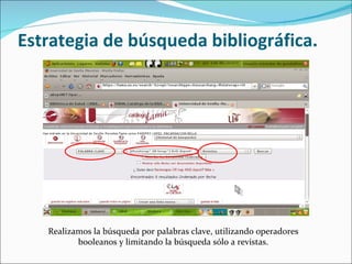 Estrategia de búsqueda bibliográfica. Realizamos la búsqueda por palabras clave, utilizando operadores booleanos y limitando la búsqueda sólo a revistas.