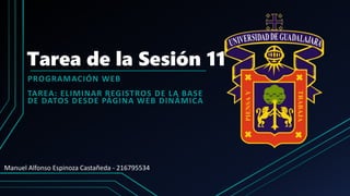 Tarea de la Sesión 11
PROGRAMACIÓN WEB
TAREA: ELIMINAR REGISTROS DE LA BASE
DE DATOS DESDE PÁGINA WEB DINÁMICA
Manuel Alfonso Espinoza Castañeda - 216795534
 