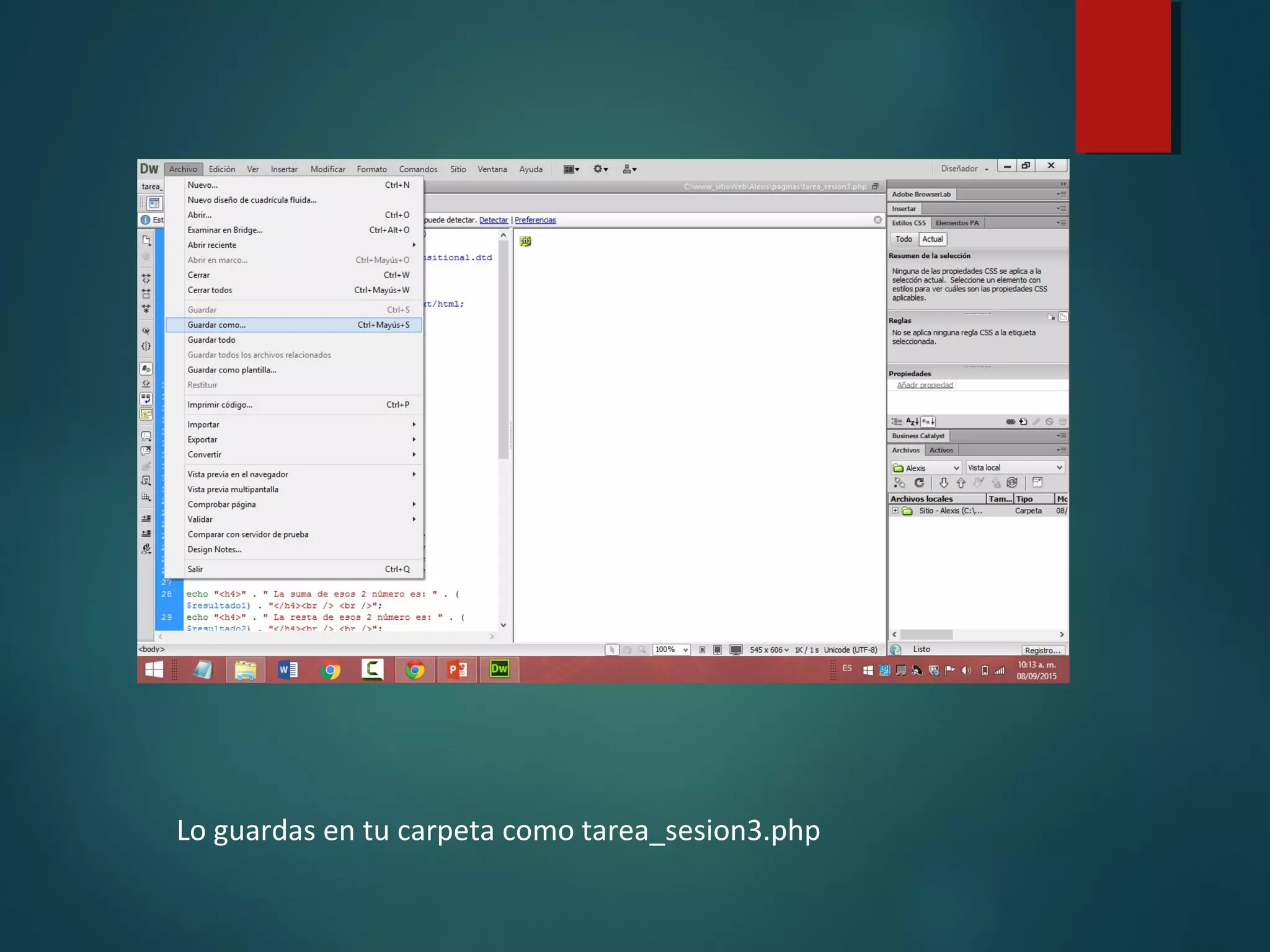 Lo guardas en tu carpeta como tarea_sesion3.php