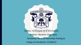 Carrera: Tecnologías de la Información
Profesor: Abraham Vega Tapia
Estudiante: Veronica Marmolejo Rodríguez
Código de Estudiante: 215246715
 