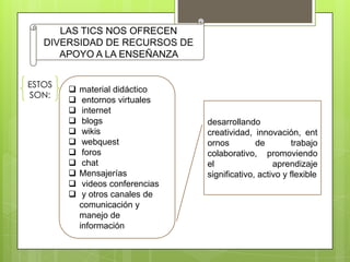 LAS TICS NOS OFRECEN
DIVERSIDAD DE RECURSOS DE
APOYO A LA ENSEÑANZA
ESTOS
SON:













material didáctico
entornos virtuales
internet
blogs
wikis
webquest
foros
chat
Mensajerías
videos conferencias
y otros canales de
comunicación y
manejo de
información

desarrollando
creatividad, innovación, ent
ornos
de
trabajo
colaborativo, promoviendo
el
aprendizaje
significativo, activo y flexible

 