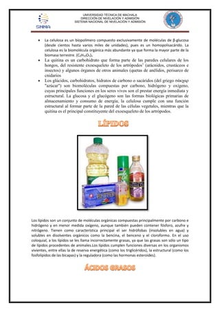 UNIVERSIDAD TÉCNICA DE MACHALA 
DIRECCIÓN DE NIVELACIÓN Y ADMISIÓN 
SISTEMA NACIONAL DE NIVELACIÓN Y ADMISIÓN 
 La celulosa es un biopolímero compuesto exclusivamente de moléculas de β-glucosa 
(desde cientos hasta varios miles de unidades), pues es un homopolisacárido. La 
celulosa es la biomolécula orgánica más abundante ya que forma la mayor parte de la 
biomasa terrestre. (C6H10O5)n 
 La quitina es un carbohidrato que forma parte de las paredes celulares de los 
hongos, del resistente exoesqueleto de los artrópodos1 (arácnidos, crustáceos e 
insectos) y algunos órganos de otros animales (quetas de anélidos, perisarco de 
cnidarios 
 Los glúcidos, carbohidratos, hidratos de carbono o sacáridos (del griego σάκχαρ 
"azúcar") son biomoléculas compuestas por carbono, hidrógeno y oxígeno, 
cuyas principales funciones en los seres vivos son el prestar energía inmediata y 
estructural. La glucosa y el glucógeno son las formas biológicas primarias de 
almacenamiento y consumo de energía; la celulosa cumple con una función 
estructural al formar parte de la pared de las células vegetales, mientras que la 
quitina es el principal constituyente del exoesqueleto de los artrópodos. 
Los lípidos son un conjunto de moléculas orgánicas compuestas principalmente por carbono e 
hidrógeno y en menor medida oxígeno, aunque también pueden contener fósforo, azufre y 
nitrógeno. Tienen como característica principal el ser hidrófobas (insolubles en agua) y 
solubles en disolventes orgánicos como la bencina, el benceno y el cloroformo. En el uso 
coloquial, a los lípidos se les llama incorrectamente grasas, ya que las grasas son sólo un tipo 
de lípidos procedentes de animales.Los lípidos cumplen funciones diversas en los organismos 
vivientes, entre ellas la de reserva energética (como los triglicéridos), la estructural (como los 
fosfolípidos de las bicapas) y la reguladora (como las hormonas esteroides). 
 