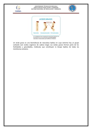 UNIVERSIDAD TÉCNICA DE MACHALA 
DIRECCIÓN DE NIVELACIÓN Y ADMISIÓN 
SISTEMA NACIONAL DE NIVELACIÓN Y ADMISIÓN 
Un ácido graso es una biomolécula de naturaleza lipídica en cuyo extremo hay un grupo 
carboxilo (son ácidos orgánicos de cadena larga). Los ácidos grasos forman parte de los 
fosfolípidos y glucolípidos, moléculas que constituyen la bicapa lipídica de todas las 
membranas celulares. 
 