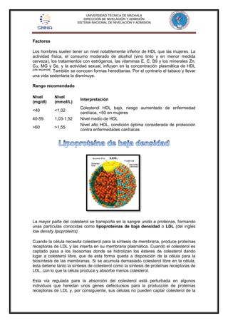 UNIVERSIDAD TÉCNICA DE MACHALA 
DIRECCIÓN DE NIVELACIÓN Y ADMISIÓN 
SISTEMA NACIONAL DE NIVELACIÓN Y ADMISIÓN 
Factores 
Los hombres suelen tener un nivel notablemente inferior de HDL que las mujeres. La 
actividad física, el consumo moderado de alcohol (vino tinto y en menor medida 
cerveza), los tratamientos con estrógenos, las vitaminas E, C, B9 y los minerales Zn, 
Cu, MG y Se, y la actividad sexual, influyen en la concentración plasmática de HDL 
[cita requerida]. También se conocen formas hereditarias. Por el contrario el tabaco y llevar 
una vida sedentaria la disminuye. 
Rango recomendado 
Nivel 
(mg/dl) 
Nivel 
(mmol/L) 
Interpretación 
<40 <1,02 
Colesterol HDL bajo, riesgo aumentado de enfermedad 
cardíaca, <50 en mujeres 
40-59 1,03-1,52 Nivel medio de HDL 
>60 >1,55 
Nivel alto HDL, condición óptima considerada de protección 
contra enfermedades cardíacas 
La mayor parte del colesterol se transporta en la sangre unido a proteínas, formando 
unas partículas conocidas como lipoproteínas de baja densidad o LDL (del inglés 
low density lipoproteins). 
Cuando la célula necesita colesterol para la síntesis de membrana, produce proteínas 
receptoras de LDL y las inserta en su membrana plasmática. Cuando el colesterol es 
captado pasa a los lisosomas donde se hidrolizan los ésteres de colesterol dando 
lugar a colesterol libre, que de esta forma queda a disposición de la célula para la 
biosíntesis de las membranas. Si se acumula demasiado colesterol libre en la célula, 
ésta detiene tanto la síntesis de colesterol como la síntesis de proteínas receptoras de 
LDL, con lo que la célula produce y absorbe menos colesterol. 
Esta vía regulada para la absorción del colesterol está perturbada en algunos 
individuos que heredan unos genes defectuosos para la producción de proteínas 
receptoras de LDL y, por consiguiente, sus células no pueden captar colesterol de la 
 