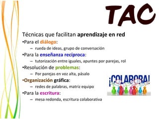 Técnicas que facilitan aprendizaje en red
•Para el diálogo:
   – rueda de ideas, grupo de conversación
•Para la enseñanza recíproca:
   – tutorización entre iguales, apuntes por parejas, rol
•Resolución de problemas:
   – Por parejas en voz alta, pásalo
•Organización gráfica:
   – redes de palabras, matriz equipo
•Para la escritura:
   – mesa redonda, escritura colaborativa
 
