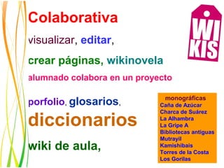 Colaborativa
visualizar, editar,
crear páginas, wikinovela
alumnado colabora en un proyecto

                              monográficas
porfolio, glosarios,         Caña de Azúcar
                             Charca de Suárez

diccionarios                 La Alhambra
                             La Gripe A
                             Bibliotecas antiguas
                             Mutrayil
wiki de aula,                Kamishibais
                             Torres de la Costa
                             Los Gorilas
 