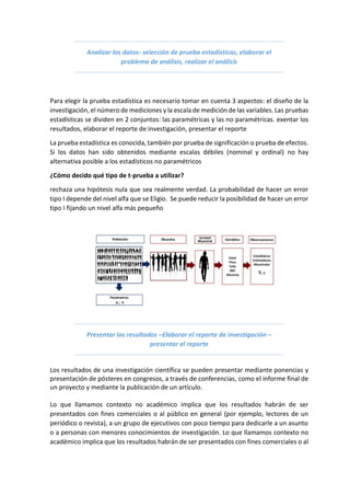 Analizar los datos- selección de prueba estadísticas, elaborar el
problema de análisis, realizar el análisis
Para elegir la prueba estadística es necesario tomar en cuenta 3 aspectos: el diseño de la
investigación, el número de mediciones y la escala de medición de las variables. Las pruebas
estadísticas se dividen en 2 conjuntos: las paramétricas y las no paramétricas. exentar los
resultados, elaborar el reporte de investigación, presentar el reporte
La prueba estadística es conocida, también por prueba de significación o prueba de efectos.
Si los datos han sido obtenidos mediante escalas débiles (nominal y ordinal) no hay
alternativa posible a los estadísticos no paramétricos
¿Cómo decido qué tipo de t-prueba a utilizar?
rechaza una hipótesis nula que sea realmente verdad. La probabilidad de hacer un error
tipo I depende del nivel alfa que se Eligio. Se puede reducir la posibilidad de hacer un error
tipo I fijando un nivel alfa más pequeño
Presentar los resultados –Elaborar el reporte de investigación –
presentar el reporte
Los resultados de una investigación científica se pueden presentar mediante ponencias y
presentación de pósteres en congresos, a través de conferencias, como el informe final de
un proyecto y mediante la publicación de un artículo.
Lo que llamamos contexto no académico implica que los resultados habrán de ser
presentados con fines comerciales o al público en general (por ejemplo, lectores de un
periódico o revista), a un grupo de ejecutivos con poco tiempo para dedicarle a un asunto
o a personas con menores conocimientos de investigación. Lo que llamamos contexto no
académico implica que los resultados habrán de ser presentados con fines comerciales o al
 
