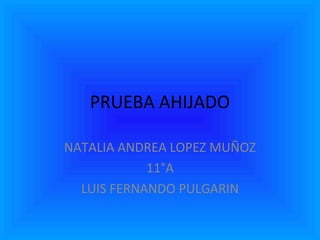 PRUEBA AHIJADO

NATALIA ANDREA LOPEZ MUÑOZ
            11°A
  LUIS FERNANDO PULGARIN
 