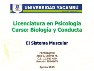 Licenciatura en Psicología
Curso: Biología y Conducta
El Sistema Muscular
Participante:
Joao E. Chávez M.
C.I.: 10.987.499
Sección: ED04D0V
Agosto 2015
 