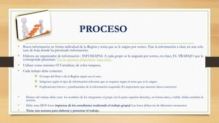 PROCESO
• Busca información en forma individual de la Región y tema que se le asigna por sorteo. Trae la información a clase en una solo
cara de hoja donde ha priorizado información.
• Elabora un organizador de información : INFOMAPAS. A cada grupo se le asignará por sorteo, en clase, EL TRABAJO que le
corresponde presentar:. Vea la siguiente diapositiva- haga click-
• Utilizar como máximo 02 Cartulinas, de color turquesa.
• Cada trabajo debe contener:
 El mapa del Perú o de la Región según sea el caso.
 Imágenes según el tipo de información relevante que se requiere según el tema que se le asignó.
 Explicaciones breves y parafraseadas de la información requerida (Es importante que muestre datos concretos)
• Dentro del trabajo debe estar los nombres de los integrantes el grupo (en la parte superior derecha), en forma clara y visible. Indica también la
sección.
• Debe traes DOS fotos impresas de los estudiantes realizando el trabajo grupal. Las fotos deben ser de diferentes momentos.
• Tiene una semana para elaborar y presentar el trabajo.
 