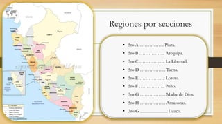 Regiones por secciones
• 5to A…………….. Piura.
• 5to B …………….. Arequipa.
• 5to C …………….. La Libertad.
• 5to D …………….. Tacna.
• 5to E …………….. Loreto.
• 5to F …………….. Puno.
• 5to G …………….. Madre de Dios.
• 5to H …………….. Amazonas.
• 3ro G ........................... Cuzco.
 