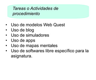 Tareas o Actividades de
procedimiento
•
•
•
•
•
•

Uso de modelos Web Quest
Uso de blog
Uso de simuladores
Uso de apps
Uso de mapas mentales
Uso de softwares libre específico para la
asignatura.

 