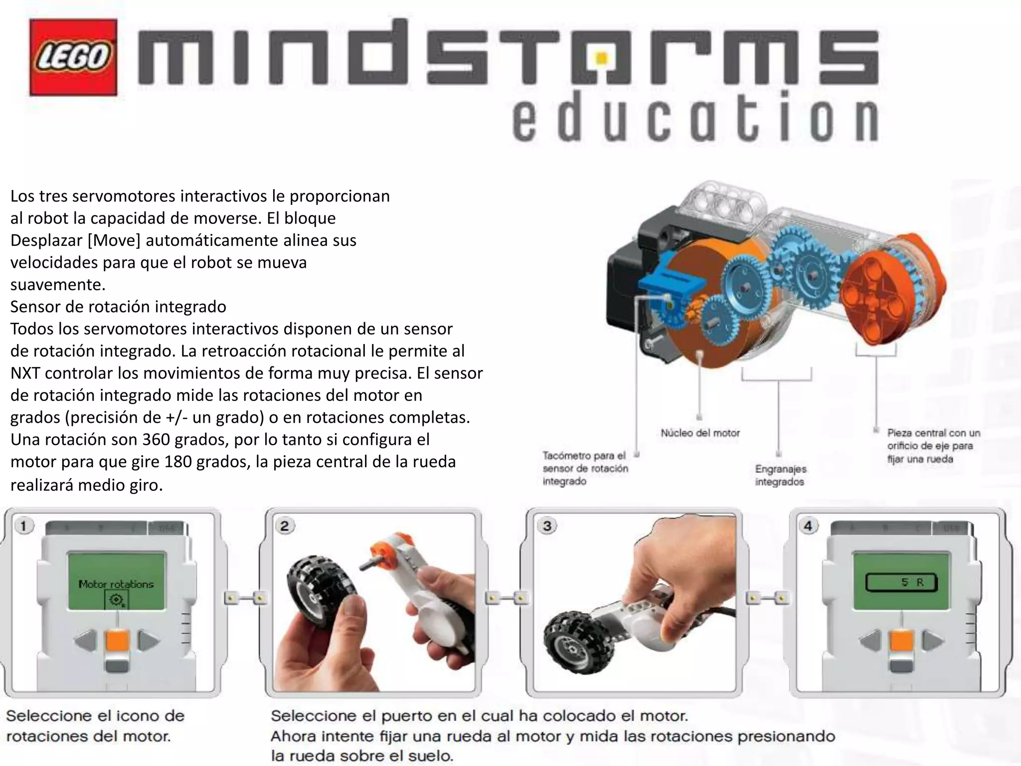 Los tres servomotores interactivos le proporcionan
al robot la capacidad de moverse. El bloque
Desplazar [Move] automáticamente alinea sus
velocidades para que el robot se mueva
suavemente.
Sensor de rotación integrado
Todos los servomotores interactivos disponen de un sensor
de rotación integrado. La retroacción rotacional le permite al
NXT controlar los movimientos de forma muy precisa. El sensor
de rotación integrado mide las rotaciones del motor en
grados (precisión de +/- un grado) o en rotaciones completas.
Una rotación son 360 grados, por lo tanto si configura el
motor para que gire 180 grados, la pieza central de la rueda
realizará medio giro.

 
