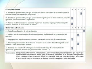 Los puntos que he valorado por debajo de 3, conociendo el proyecto son opciones que seguro que
aparecen en el desarrollo del mismo, pero no aparecen plasmadas en el proyecto. Por ejemplo el
punto 3.4 seguro que si un alumno arregla un ordenador, sabe que lo ha hecho bien y al contrario
si no lo arregla, pero en el proyecto no aparece casuística asociada a estos feedbacks.
 
