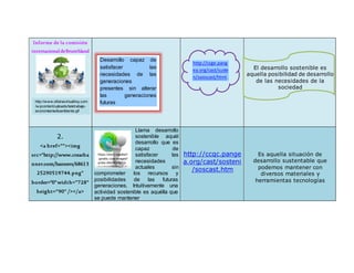 Informe de la comisión
internacionaldeBrunthland
El desarrollo sostenible es
aquella posibilidad de desarrollo
de las necesidades de la
sociedad
2.
<a href=""><img
src="http://www.crearba
nner.com/banners/68613
25290519744.png"
border="0"width="728"
height="90" /></a>
Llama desarrollo
sostenible aquél
desarrollo que es
capaz de
satisfacer las
necesidades
actuales sin
comprometer los recursos y
posibilidades de las futuras
generaciones. Intuitivamente una
actividad sostenible es aquélla que
se puede mantener
http://ccqc.pange
a.org/cast/sosteni
/soscast.htm
Es aquella situación de
desarrollo sustentable que
podemos mantener con
diversos materiales y
herramientas tecnologías
Desarrollo capaz de
satisfacer las
necesidades de las
generaciones
presentes sin alterar
las generaciones
futuras
http://ccge.pang
ea.org/cast/suste
n/sooscast/html.
https://encry ptedtbn1
.gstatic.com/images?
q=tbn:ANd9GcREQi
cwv 6xUSDVG7wf w0
qVS5o0sZc-
04GqTibNy 6nZYp0A
MWWuZ
http://www.oficinavirtualhoy.com
/w pcontent/uploads/teletrabajo-
economiamedioambiente.gif
 