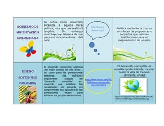 Se define como desarrollo
sotenible a aquella meta
politica, más que una realidad
tangible. Sin embargo
constituyehoy lafuerza de los
procesos fundamentales del
país.
Política mediante la cual se
satisfacen las propuestas o
proyectos que realizan
instituciones para el
mejoramiento de un país
El desarrollo sostenible significa
una mejor calidad de vida ahora ,
asi como para las generaciones
venideras. Una definición
ampliamente utilizada de
“desarrollo sostenible” es:
desarrollo que satisface las
necesidades del presente sin
compromenter las apacidad de las
generaciones futuras para
satifacer sus propias necesidades.
http://www.disost.com/200
9/09/que-es-desarrollo-
sostenible.html
El desarrollo sostenible es
aquella oportunidad de mejorar
nuestra vida de manera
diferente, eficaz
http://biociu
dades.org//
http://3.bp.blogspot.com/S_oDjQvcJiI/UKvgTYvqILI
/AAAAAAAAFzA/dtgQTyO3e9o/s400/Eco.jpg
 