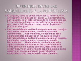  El Origami, como se puede intuir por su nombre, es el
arte japonés del plegado del papel. ... La papiroflexia,
por su parte, es un arte introducido en nuestro país por
los musulmanes durante el periodo de su ocupación y
que carece del ritualismo con el que los japoneses
practican el origami.
 Las manualidades, en términos generales, son trabajos
efectuados con las manos, con o sin ayuda de
herramientas. ... Generalmente, se denomina así a
algunas labores didácticas en las cuales se busc
Las manualidades, en términos generales, son trabajos
efectuados con las manos, con o sin ayuda de
herramientas. ... Generalmente, se denomina así a
algunas labores didácticas en las cuales se busca
como objetivo un avance personal, desarrollo de la
creatividad, y son una forma de esparcimiento. a como
objetivo un avance personal, desarrollo de la
creatividad, y son una forma de esparcimiento.
 