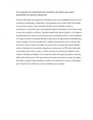 Las categorías de información que consideren de manera que logren
documentar las prácticas educativas.

Nosotras obtuvimos una categoría de información alta, en la cual pudimos observar que la
institución está planeada y organizada, tiene programas en los cuales están relacionadas
las estructuras sociales, estas estructuras sociales son las culturales, sociales y
económicas. La institución tiene como propósito aplicar la enseñanza, esto se lleva a cabo
a través de un análisis y reflexión. También respetan todo tipo de religión, o sea respeta la
normatividad laica; cuenta con los servicios que una institución ofrece, el único problema
es el lugar en donde se encuentra ubicado ya que está en un lugar dentro del poblado pero
un poco alejado. No es muy posible que se cumpla correctamente con la visión por falta
de recursos, pero si cuenta como debe ser con la misión. Los padres de familia también
están involucrados con las prácticas educativas, no todos, pero un 90% está involucrado
en la limpieza que se lleva a cabo, y el 60% en lo que es la educación. Durante el ciclo
escolar se elaboran actividades en los cuales la escuela forma parte sea dentro o fuera de
dicha, cabe recalcar que el trato que se da en la escuela es de manera correcta, los padres
de familia y alumnos están satisfechos, también se les informa los avances y dificultades
que se tienen con los alumnos y con las enseñanzas que se aplican.
 