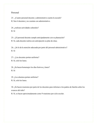 Personal

23. ¿Cuanto personal docente y administrativo cuenta la escuela?
R: Son 6 docentes y no cuentan con administrativo.


24. ¿realizan actividades culturales?
R: Si


25.- ¿El personal docente cumple anticipadamente con su planeación?
R: Si, cada docente realiza con anticipación su plan de clase.


26.- ¿Se le da la atención adecuada por parte del personal administrativo?
R: Si


27.- ¿Los docentes portan uniforme?
R: Si, solo los lunes.


28. ¿Se hacen homenajes los días festivos y lunes?
R: Si


29. ¿Los alumnos portan uniforme?
R: Si, solo los lunes.


30. ¿Se hacen reuniones por parte de los docentes para informar a los padres de familia sobre los
avances del niño?
R: Si, se hacen aproximadamente como 9 reuniones por ciclo escolar.
 