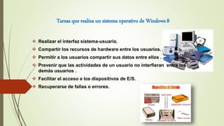 Tareas que realiza un sistema operativo de Windows 8
 Realizar el interfaz sistema-usuario.
 Compartir los recursos de hardware entre los usuarios.
 Permitir a los usuarios compartir sus datos entre ellos .
 Prevenir que las actividades de un usuario no interfieran entre los
demás usuarios .
 Facilitar el acceso a los dispositivos de E/S.
 Recuperarse de fallas o errores.
 
