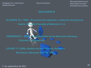 Escamilla Belda Susana
Pedagogía 7mo. Cuatrimestre         Recursos Humanos                Fernández Fernanda
Sábado-Matutino                                                     Gordillo García Adriana


                                      BIBLIOGRAFIA


    OLLEROS, M. ( 1998 ). El proceso de captación y selección de personal.
                   Madrid.: Editorial Consulta y Selección, S. A.




    CHIAVENATO, I. (2000). Administración de los Recursos Humanos.
                    Colombia.: McGraw-Hill.


    LOUART, P. (1994): Gestión de los Recursos Humanos.
                 Barcelona: Ediciones Gestión 2000.




                                                                                          10
1° de septiembre de 2012
 