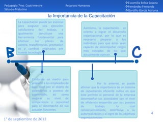 Escamilla Belda Susana
Pedagogía 7mo. Cuatrimestre                   Recursos Humanos                             Fernández Fernanda
Sábado-Matutino                                                                            Gordillo García Adriana
                               la Importancia de la Capacitación
         La Capacitación puede ser esencial
         para asegurar una ejecución
                                                          Asimismo, la capacitación se
         satisfactoria del trabajo, e
                                                          orienta a lograr el desarrollo
         igualmente       constituye   una
                                                          organizacional, por lo que es
         herramienta fundamental para
                                                          necesario preparar a los
         efectuar      los     planes    de
                                                          individuos para que éstos sean
         carrera, transferencias, promocion
                                                          capaces de desempeñar cargos
         es y cambios originados por
                                                          más elevados de los que
         nuevas tecnologías.
                                                          actualmente ejercen.




                   Conforma un medio para
                   preparar a los empleados de                       Por lo anterior, se puede
                   bajo nivel con el objeto de          afirmar que la importancia de un sistema
                   ascenderlos a puestos de             de capacitación eficiente radica en que
                   supervisión,    así   como           éste permite al personal de la empresa
                   mejorar su nivel de                  desempeñar sus actividades con el nivel
                   competencia y capacidad              de eficiencia requerido por sus puestos
                   para el desempeño de sus             de         trabajo,          lo         cual
                   actuales funciones.                  consecuentemente, contribuye a su
                                                        autorrealización y al logro de los objetivos         4
                                                        organizacionales.
1° de septiembre de 2012
 
