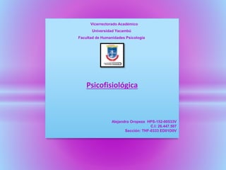 Vicerrectorado Académico
Universidad Yacambú
Facultad de Humanidades Psicología
Psicofisiológica
Alejandra Oropeza HPS-152-00533V
C.I: 26.447.507
Sección: THF-0333 ED01D0V
 