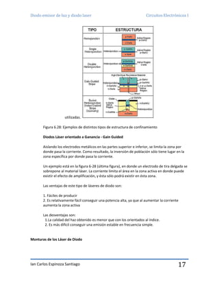Diodo emisor de luz y diodo laser Circuitos Electrónicos I
Ian Carlos Espinoza Santiago 17
utilizadas.
Figura 6.28: Ejemplos de distintos tipos de estructura de confinamiento
Diodos Láser orientado a Ganancia - Gain Guided
Aislando los electrodos metálicos en las partes superior e inferior, se limita la zona por
donde pasa la corriente. Como resultado, la inversión de población sólo tiene lugar en la
zona específica por donde pasa la corriente.
Un ejemplo está en la figura 6-28 (última figura), en donde un electrodo de tira delgada se
sobrepone al material láser. La corriente limita el área en la zona activa en donde puede
existir el efecto de amplificación, y ésta sólo podrá existir en ésta zona.
Las ventajas de este tipo de láseres de diodo son:
1. Fáciles de producir
2. Es relativamente fácil conseguir una potencia alta, ya que al aumentar la corriente
aumenta la zona activa
Las desventajas son:
1.La calidad del haz obtenido es menor que con los orientados al índice.
2. Es más difícil conseguir una emisión estable en frecuencia simple.
Monturas de los Láser de Diodo
 