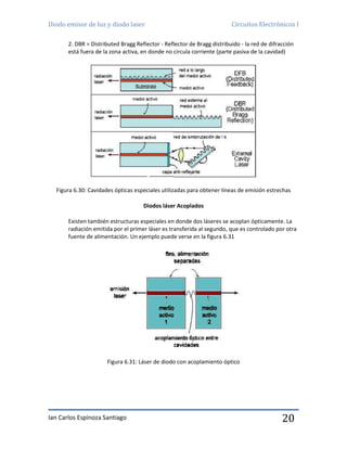 Diodo emisor de luz y diodo laser Circuitos Electrónicos I
Ian Carlos Espinoza Santiago 20
2. DBR = Distributed Bragg Reflector - Reflector de Bragg distribuido - la red de difracción
está fuera de la zona activa, en donde no circula corriente (parte pasiva de la cavidad)
Figura 6.30: Cavidades ópticas especiales utilizadas para obtener líneas de emisión estrechas
Diodos láser Acoplados
Existen también estructuras especiales en donde dos láseres se acoplan ópticamente. La
radiación emitida por el primer láser es transferida al segundo, que es controlado por otra
fuente de alimentación. Un ejemplo puede verse en la figura 6.31
Figura 6.31: Láser de diodo con acoplamiento óptico
 