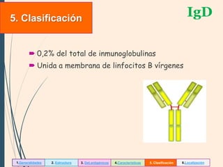  0,2% del total de inmunoglobulinas
 Unida a membrana de linfocitos B vírgenes
IgD5. Clasificación
1.Generalidades 2. Estructura 3. Det.antigénicos 4.Características 5. Clasificación 6.Localización
 