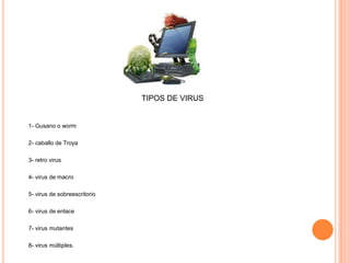 TIPOS DE VIRUS


1- Gusano o worm

2- caballo de Troya

3- retro virus

4- virus de macro

5- virus de sobreescritorio

6- virus de enlace

7- virus mutantes

8- virus múltiples.
 