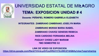 UNIVERSIDAD ESTATAL DE MILAGRO
INTEGRANTES: ZAMBRANO ZAMBRANO JOSELYN MARIA
ZAMBRANO MORAN MARIA ISABEL
ZAMBRANO CHAVEZ GENESIS REBECA
RIOS CARDOSO FERNANDA MELINA
PAGUAY CHOEZ LADY MARIAM
7MO SEMESTRE C2
LINK DE VIDEO DE EXPOSICION
https://drive.google.com/file/d/1V4-bLp2hFpyDRb51l72L89ICZ7diQ8Ay/view?usp=sharing
TEMA: EXPOSICION UNIDAD # 4
Docente: PEÑAFIEL ROMERO GABRIELA ELIZABETH
 