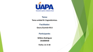 Tema:
Tarea unidad IX: Cognotécnicas.
Facilitador:
Geury Guzmán M.A
Participante:
Wilkins Rodríguez
201800938
Fecha: 11-3-18
 