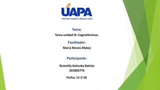 Tema:
Tarea unidad IX: Cognotécnicas.
Facilitador:
María Nieves Mateo
Participante:
Rumeilly Katiuska Batista
201802776
Fecha: 11-3-18
 