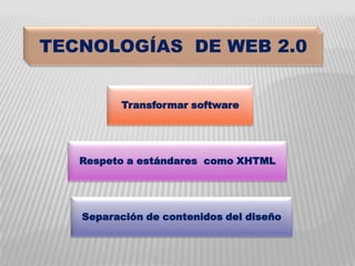 TECNOLOGÍAS DE WEB 2.0


         Transformar software




   Respeto a estándares como XHTML




   Separación de contenidos del diseño
 
