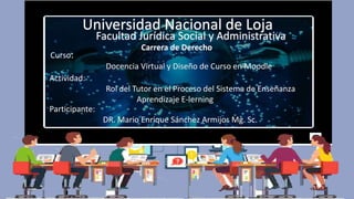 Carrera de Derecho
Curso:
Docencia Virtual y Diseño de Curso en Moodle
Participante:
DR. Mario Enrique Sánchez Armijos Mg. Sc.
Actividad:
Rol del Tutor en el Proceso del Sistema de Enseñanza
Aprendizaje E-lerning
 